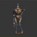 Colorful Mechanical Robot Character Featuring Unique Head Shape Metallic Structure And Slender Limbs