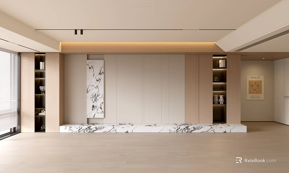 Modern Minimalist Living Room Interior With Wooden Elements Marble Countertop Open Bookshelves And Decorative Painting 3d model 