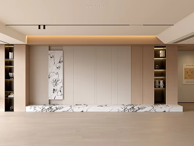 Modern Minimalist Living Room Interior With Wooden Elements Marble Countertop Open Bookshelves And Decorative Painting 3d model