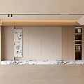 Modern Minimalist Living Room Interior With Wooden Elements Marble Countertop Open Bookshelves And Decorative Painting