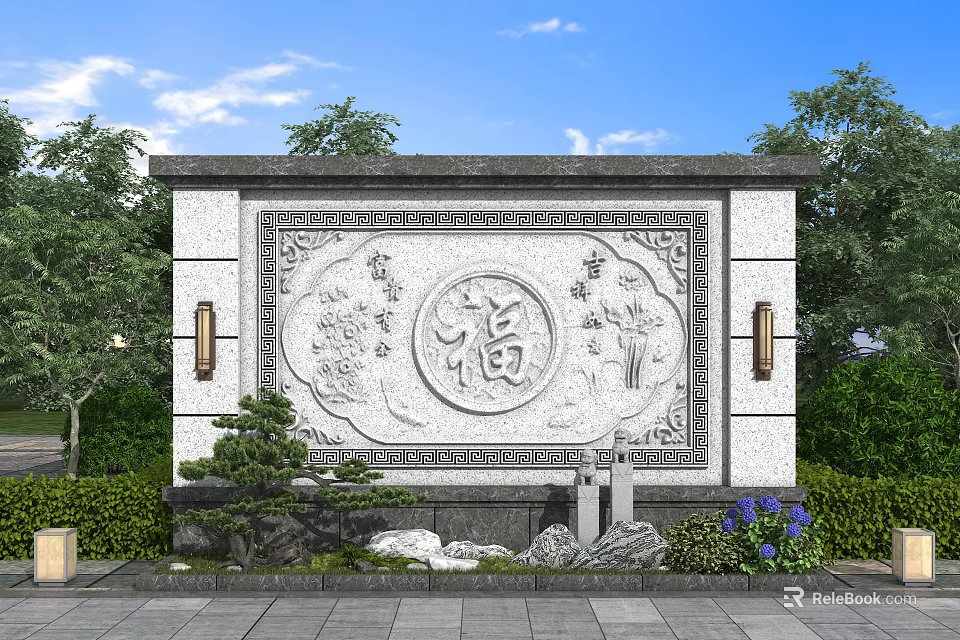 Chinese Style Decorative Wall featuring Central Fulu Relief Ornate Patterns Side Lanterns Rockery and Greenery 3d model 