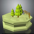 Green Pine Trees Decorative 3D Model Scene on Hexagonal Platform with Wooden Fence