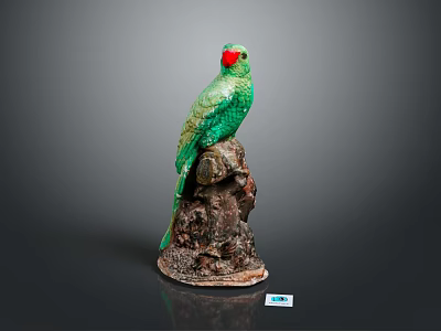 Green Parrot With Red Beak Perched On Tree Stump Decorative Statue 3d model