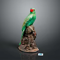 Green Parrot With Red Beak Perched On Tree Stump Decorative Statue