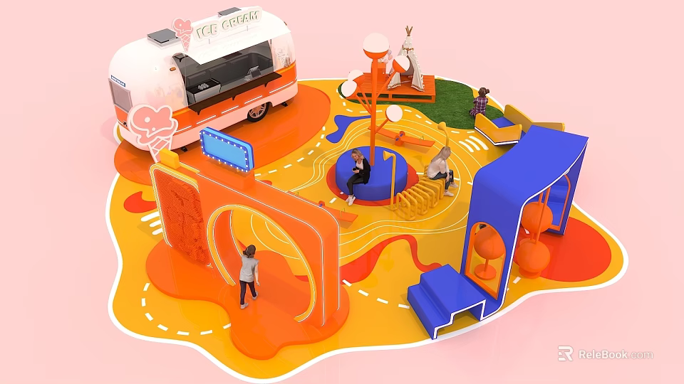Interactive Area With Ice Cream Truck Orange Blue Arches Slide And People Playing 3d model 