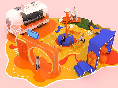 Interactive Area With Ice Cream Truck Orange Blue Arches Slide And People Playing 3d model