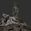 Game And Movie Characters Sculpture Featuring Standing Figure Holding Tool And Reclining Figures