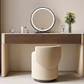 Modern Minimalist Wooden Dressing Table with Round Lighted Mirror and Beige Stool