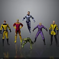 Colorful Action Figures In Various Poses With Different Colored Costumes On Dark Surface