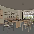 Japanese Style Tea Room With Long Wooden Table Chairs And Tea Sets On Shelves