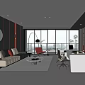 Modern Office Interior With Black Red White Leather Sofa Desk Bookshelf Floor Lamp Large Windows