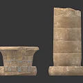 Ancient Stone Artifacts With Cylindrical Pillars Round Bases And Decorated Containers