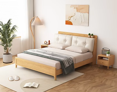 Wooden Double Bed with Upholstered Headboard Nightstands Table Lamp Green Plants and Abstract Painting 3d model