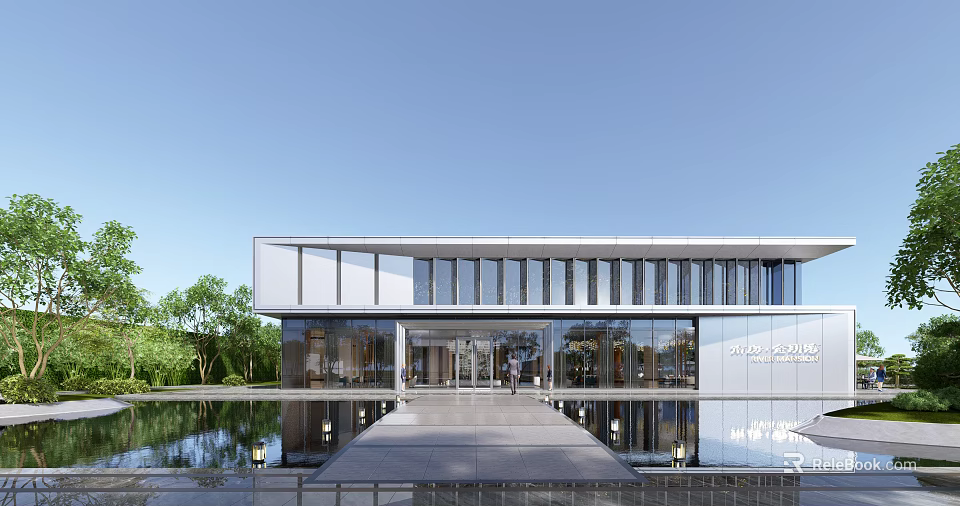 Modern Sales Office Building Architectural Design With Glass Walls Walkway Water Pool And Greenery 3d model