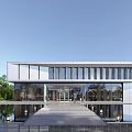 Modern Sales Office Building Architectural Design With Glass Walls Walkway Water Pool And Greenery 3d model