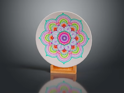 Intricate White Ceramic Plate Sculpture with Colorful Mandala Pattern on Orange Base 3d model