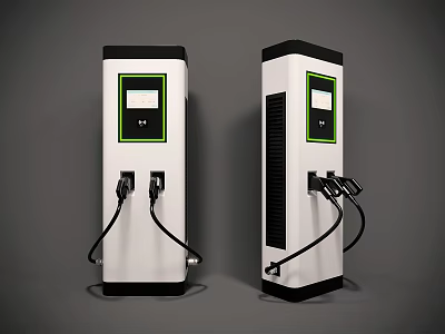 Commercial Equipment EV Charging Stations With White Design Black Green Accents Charging Ports And Cables 3d model