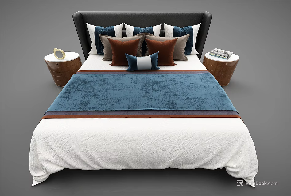 Double Bed with Black Headboard Multiple Pillows White Bedspread Blue Blanket and Side Nightstands 3d model