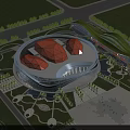 Modern Cultural Center Building Circular Structure With Orange Domes And Surrounding Greenery