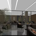 Modern Lounge Area with Glass Partitions Wooden Walls Sofas Round Tables Greenery and Decorative Paintings