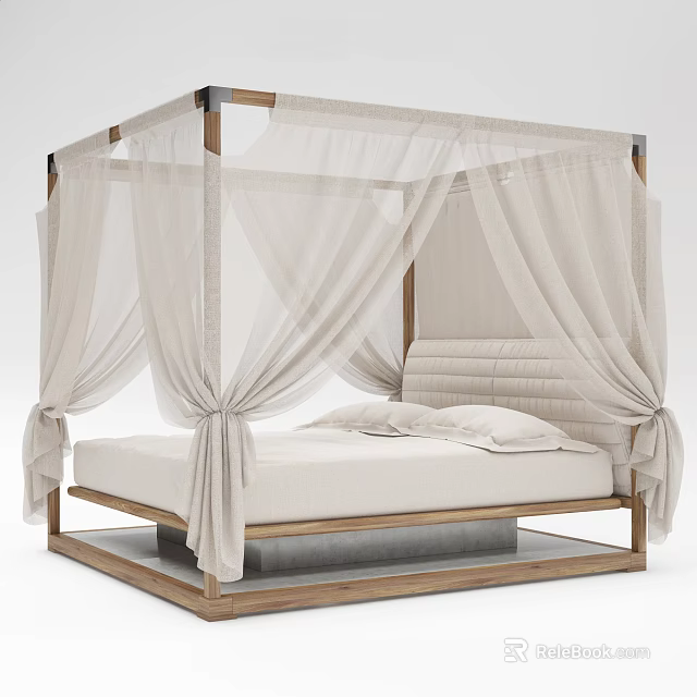Double Bed with Four-Poster Wooden Frame and White Canopy Curtains Modern Design 3d model 