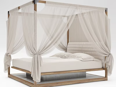 Double Bed with Four-Poster Wooden Frame and White Canopy Curtains Modern Design 3d model