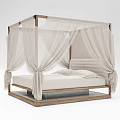Double Bed with Four-Poster Wooden Frame and White Canopy Curtains Modern Design