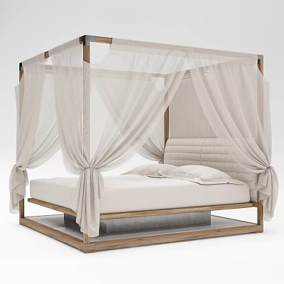 Double Bed with Four-Poster Wooden Frame and White Canopy Curtains Modern Design 3d model