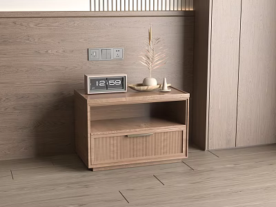 Modern Wooden Nightstand With Digital Clock Dried Plant Decorative Items Drawer And Open Shelf 3d model
