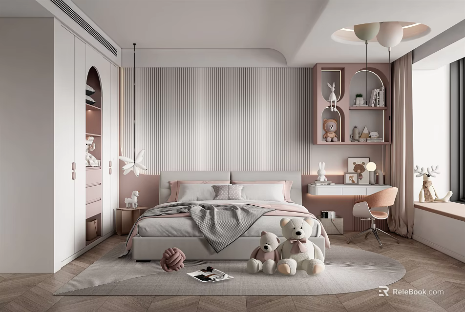 Kids Room Interior Design With Striped Walls Bed Stuffed Toys Desk And Soft Lighting 3d model 