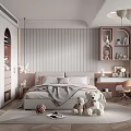 Kids Room Interior Design With Striped Walls Bed Stuffed Toys Desk And Soft Lighting