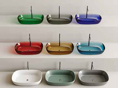 Various Colors Modern Design Washbasins Arranged on Three White Bathroom Shelves 3d model
