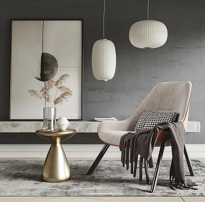 Modern Accent Chair In Minimalist Setting With Gray Wall White Pendant Lights Gold Side Table And Dried Flowers 3d model