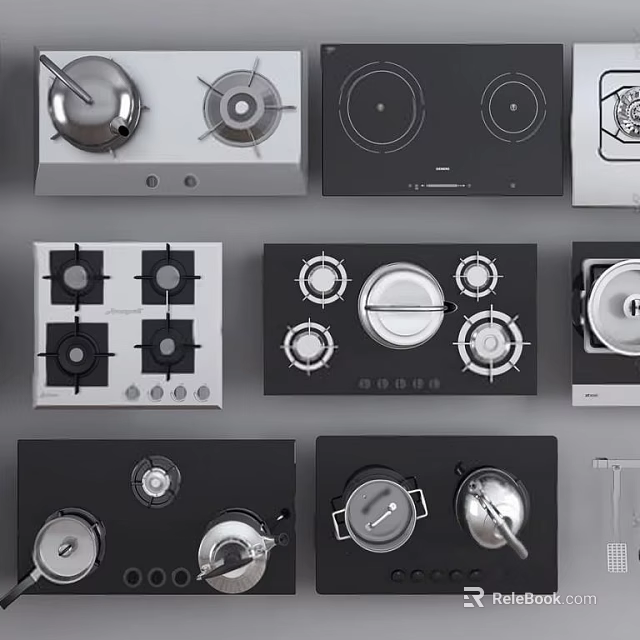 Various Kitchen Stovetop Designs With Multiple Burners Black Surfaces And Control Knobs 3d model 