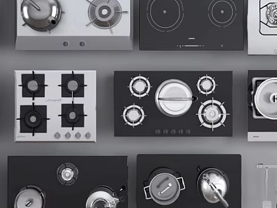 Various Kitchen Stovetop Designs With Multiple Burners Black Surfaces And Control Knobs 3d model