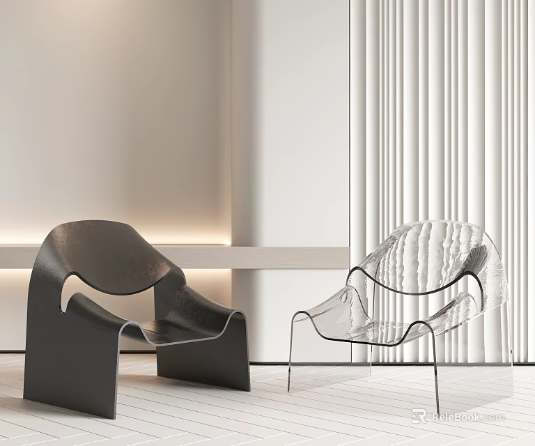 Two Modern Leisure Chairs Black And Transparent Acrylic With White Wall Vertical Blinds 3d model 