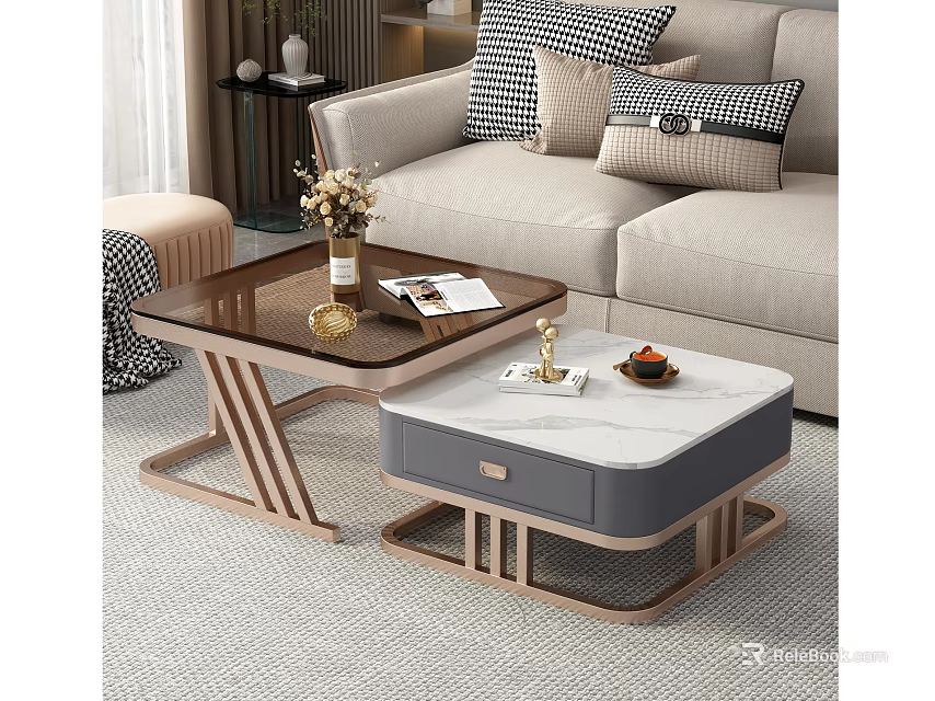 Modern Coffee Tables With Wooden Structure And Marble Top Featuring Vase Magazines And Fruit Decorations 3d model 