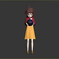 Game Movie Character with Brown Short Hair Red Top Yellow Skirt Holding Blue Patterned Sphere
