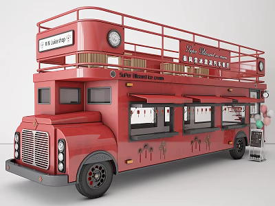 Red Double Decker Bus Food Truck With Open Top Deck And Service Windows 3d model