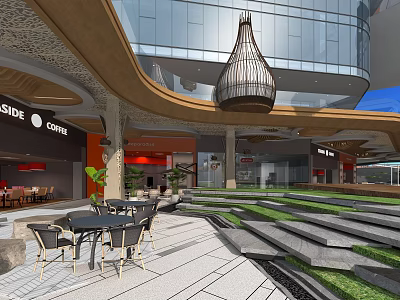Modern Commercial Street With Glass Facade Outdoor Seating Green Plants And Decorative Pendant Light 3d model
