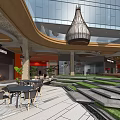 Modern Commercial Street With Glass Facade Outdoor Seating Green Plants And Decorative Pendant Light