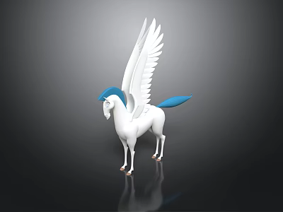White Pegasus Sculpture With Blue Mane Tail And Wings On Dark Background 3d model