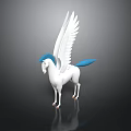 White Pegasus Sculpture With Blue Mane Tail And Wings On Dark Background