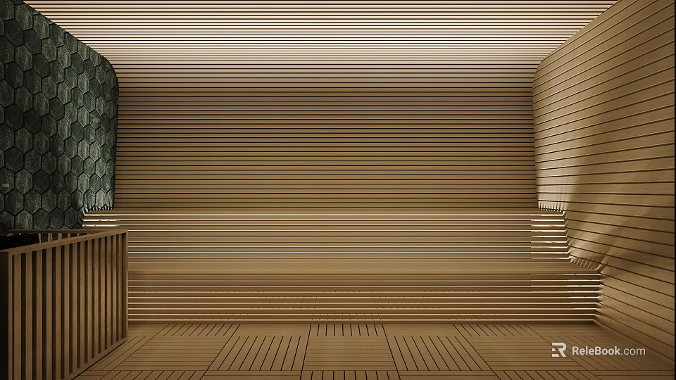 Serene SPA Sauna Interior Design With Wooden Striped Panels And Flooring 3d model 