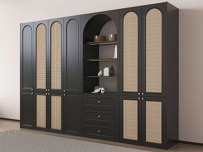 Black Modern Wardrobe with Woven Rattan Doors Drawers and Open Shelves for Storage 3d model