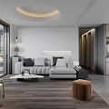 Modern Living Room Interior With TV Wall Sofa Floor to Ceiling Windows And Wooden Flooring