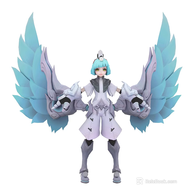 Fantasy Game And Movie Character With Blue Hair Large Blue Wings And White Outfit 3d model 