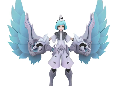Fantasy Game And Movie Character With Blue Hair Large Blue Wings And White Outfit 3d model
