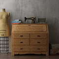 Vintage Console Cabinet With Drawers Dress Form Sewing Machine Books And Gray Wall