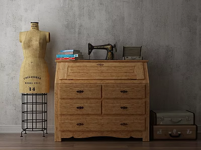 Vintage Console Cabinet With Drawers Dress Form Sewing Machine Books And Gray Wall 3d model